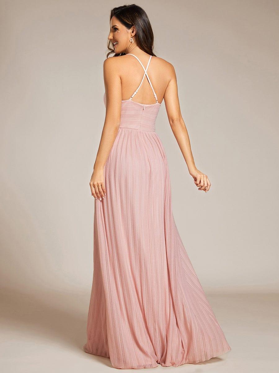 Robe de soirée formelle dos nu à bretelles spaghetti pailletées et col en V #Couleur_Rose