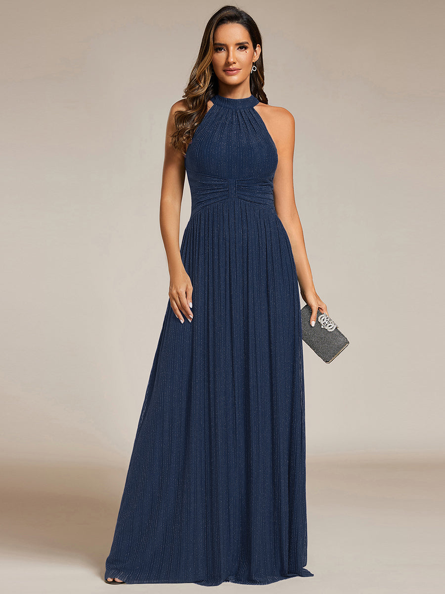 Robe de soirée formelle scintillante à col licou avec silhouette trapèze #Couleur_Bleu Marine
