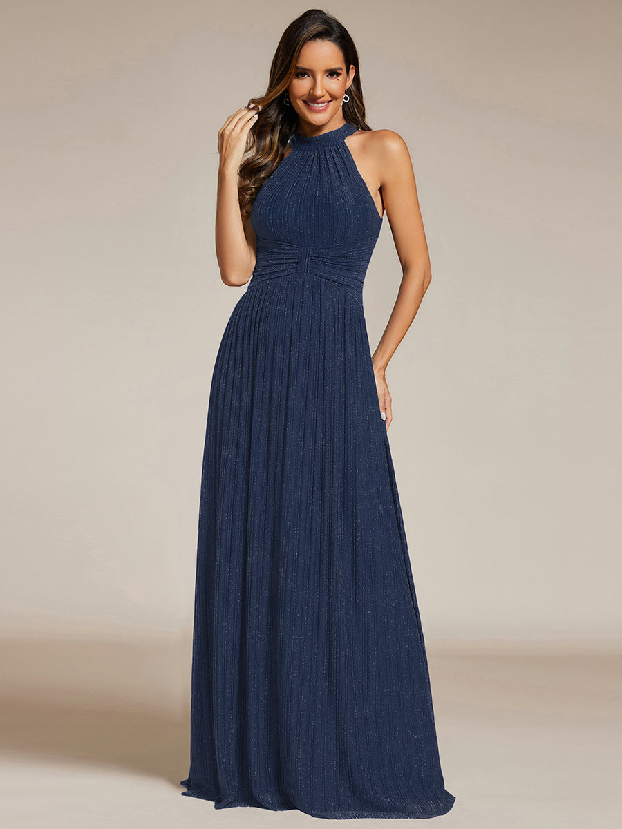 Robe de soirée formelle scintillante à col licou avec silhouette trapèze #Couleur_Bleu Marine