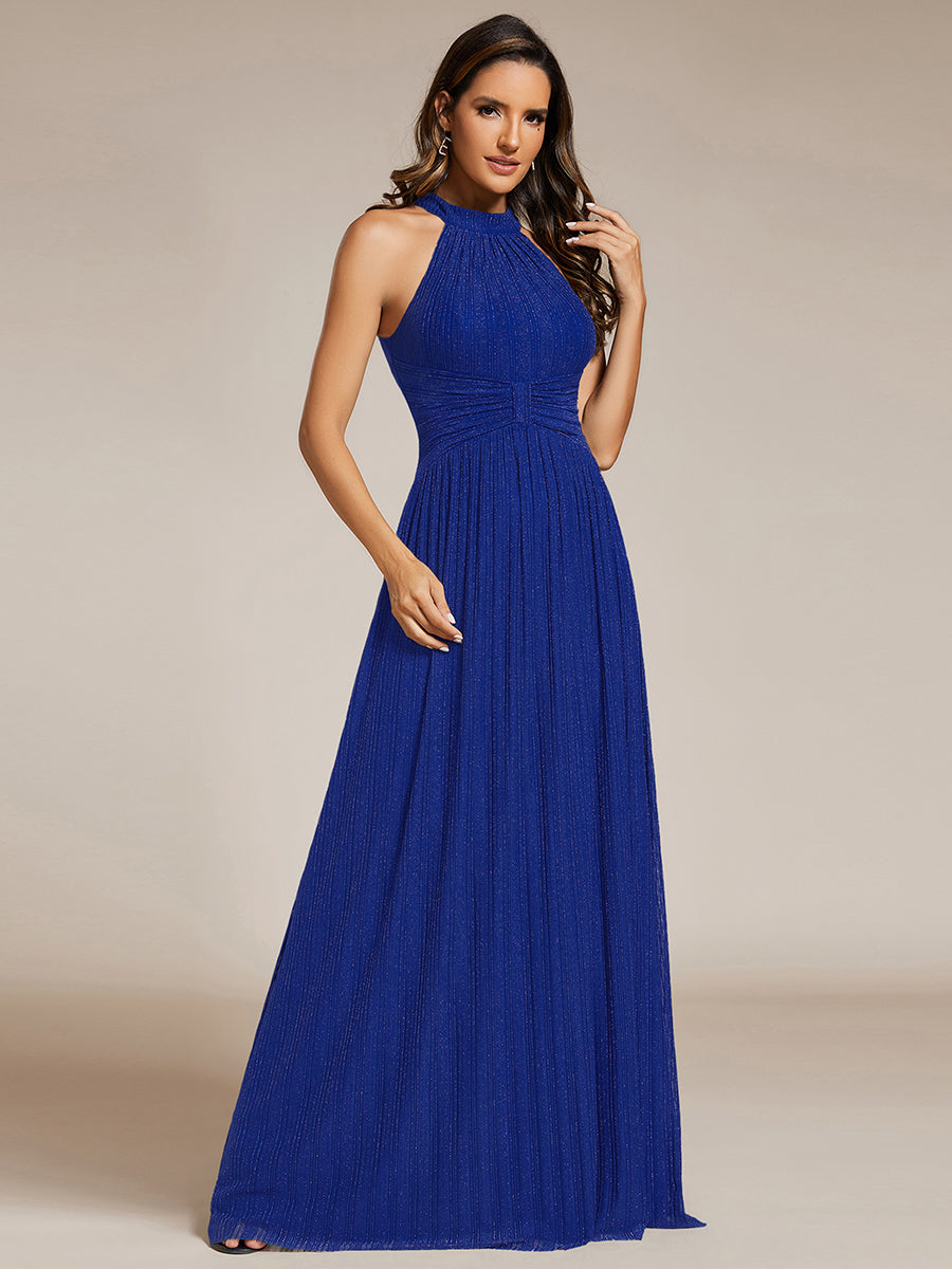 Robe de soirée formelle scintillante à col licou avec silhouette trapèze #Couleur_Bleu Saphir