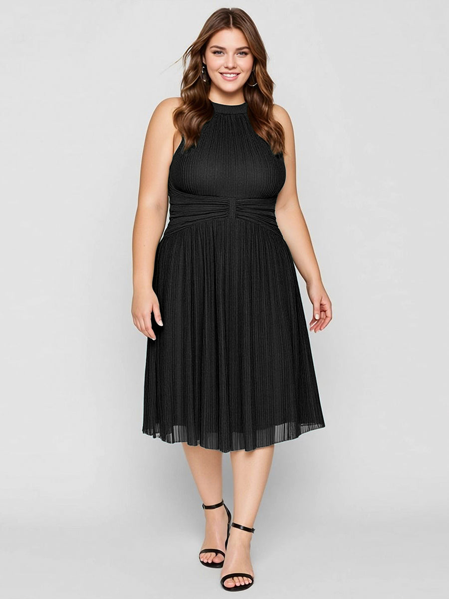 Robe D'invité De Mariage En Mousseline De Soie Mi-Longue Plissée à Manches à Volants Et Col En V #Couleur_Noir