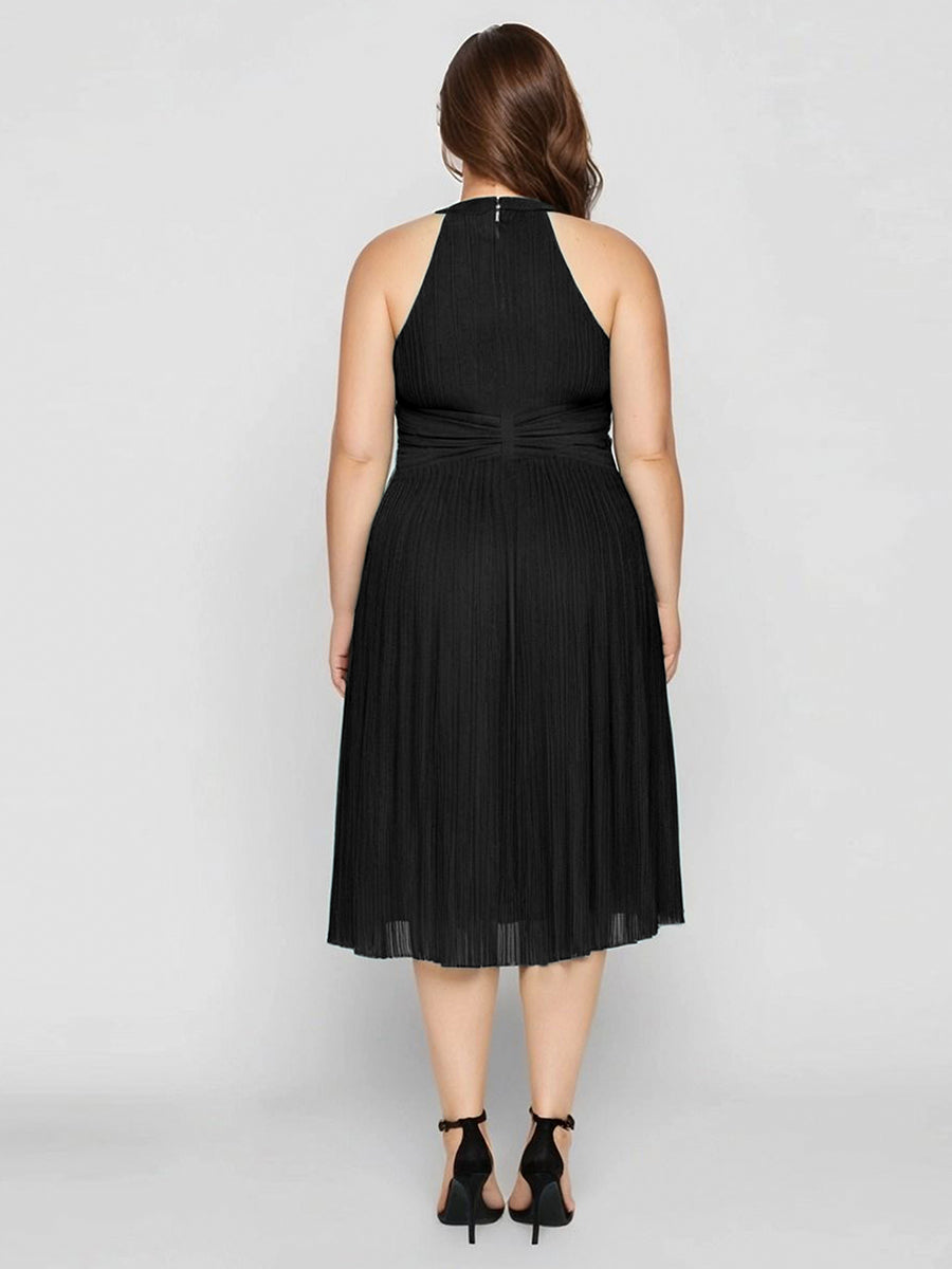 Robe D'invité De Mariage En Mousseline De Soie Mi-Longue Plissée à Manches à Volants Et Col En V #Couleur_Noir