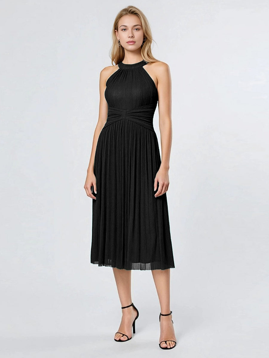 Robe D'invité De Mariage En Mousseline De Soie Mi-Longue Plissée à Manches à Volants Et Col En V #Couleur_Noir