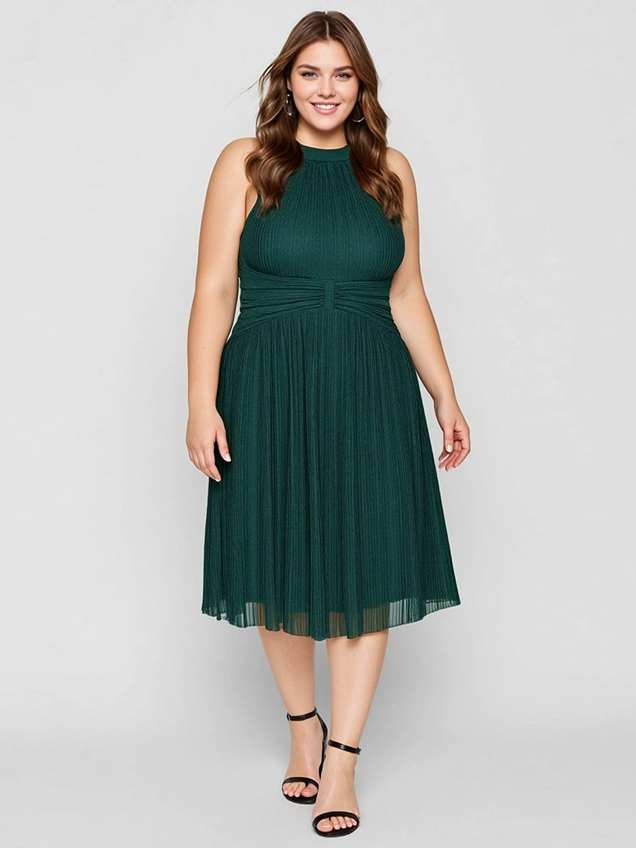 Robe D'invité De Mariage En Mousseline De Soie Mi-Longue Plissée à Manches à Volants Et Col En V #Couleur_Vert Fonce