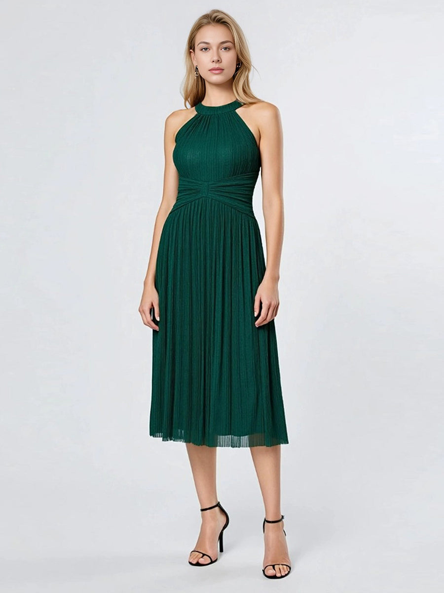 Robe D'invité De Mariage En Mousseline De Soie Mi-Longue Plissée à Manches à Volants Et Col En V #Couleur_Vert Fonce