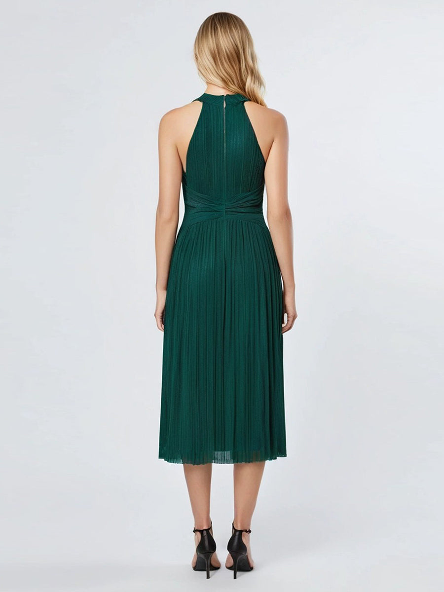 Robe D'invité De Mariage En Mousseline De Soie Mi-Longue Plissée à Manches à Volants Et Col En V #Couleur_Vert Fonce