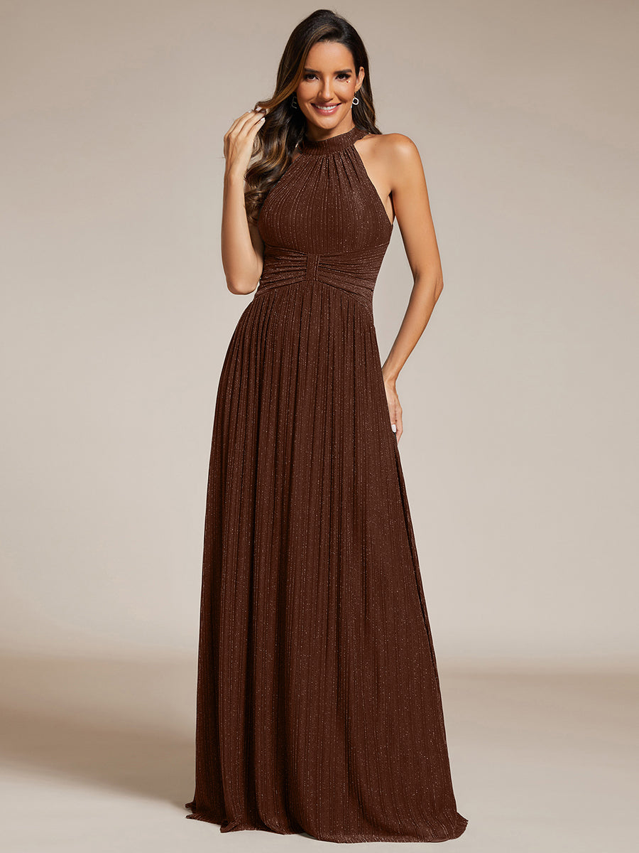 Robe de soirée formelle scintillante à col licou avec silhouette trapèze #Couleur_Marron chocolat
