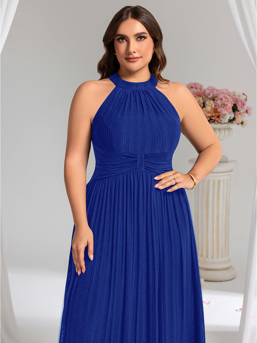 Robe de soirée formelle scintillante à col licou avec silhouette trapèze #Couleur_Bleu Saphir