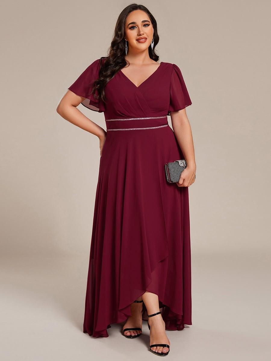 Robe de soirée longue en mousseline de soie à col en V et strass grande taille #Couleur_Bordeaux