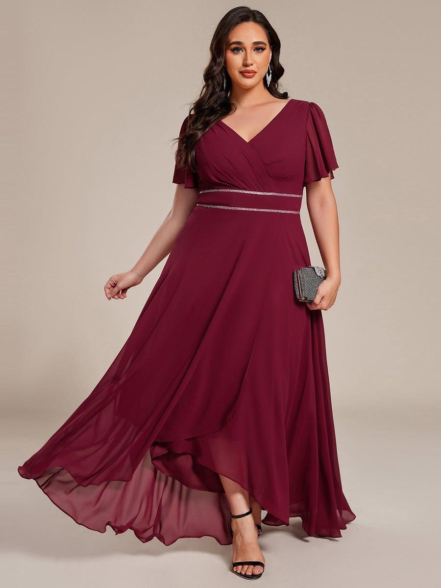 Robe de soirée longue en mousseline de soie à col en V et strass grande taille #Couleur_Bordeaux