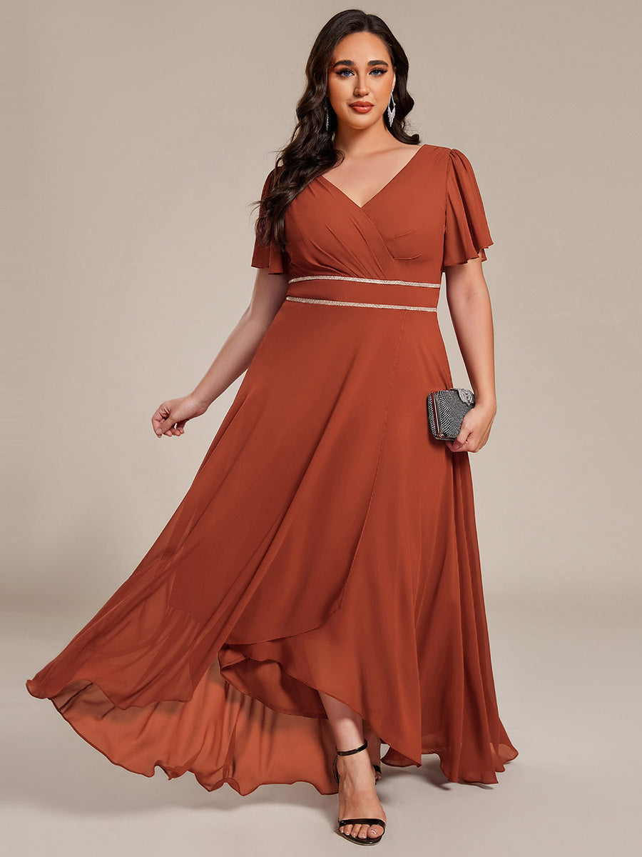 Robe D'invité De Mariage En Mousseline De Soie Mi-Longue Plissée à Manches à Volants Et Col En V #Couleur_Burnt Orange
