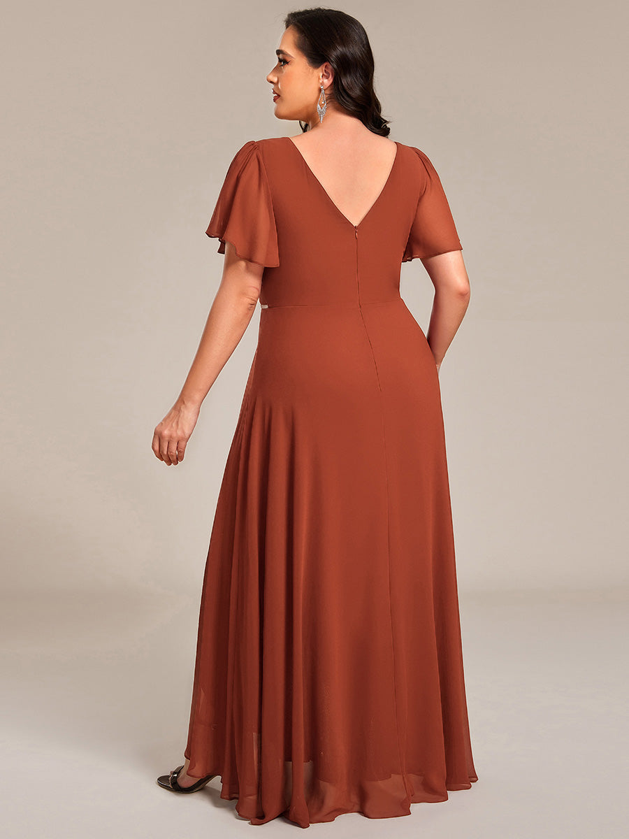 Robe D'invité De Mariage En Mousseline De Soie Mi-Longue Plissée à Manches à Volants Et Col En V #Couleur_Burnt Orange