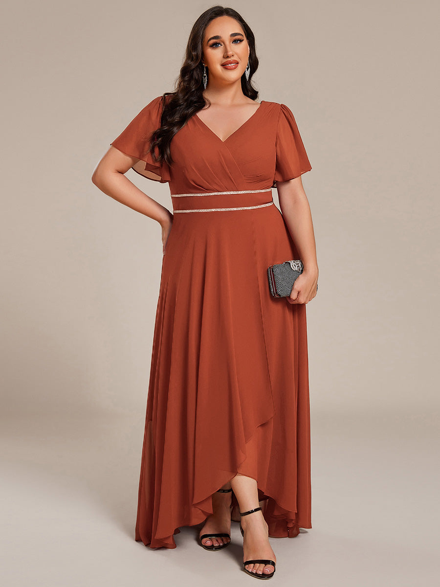 Robe D'invité De Mariage En Mousseline De Soie Mi-Longue Plissée à Manches à Volants Et Col En V #Couleur_Burnt Orange
