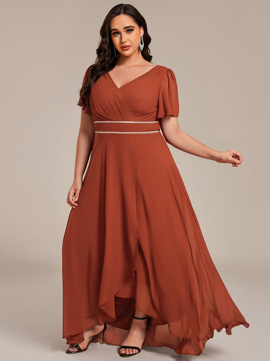 Robe D'invité De Mariage En Mousseline De Soie Mi-Longue Plissée à Manches à Volants Et Col En V #Couleur_Burnt Orange