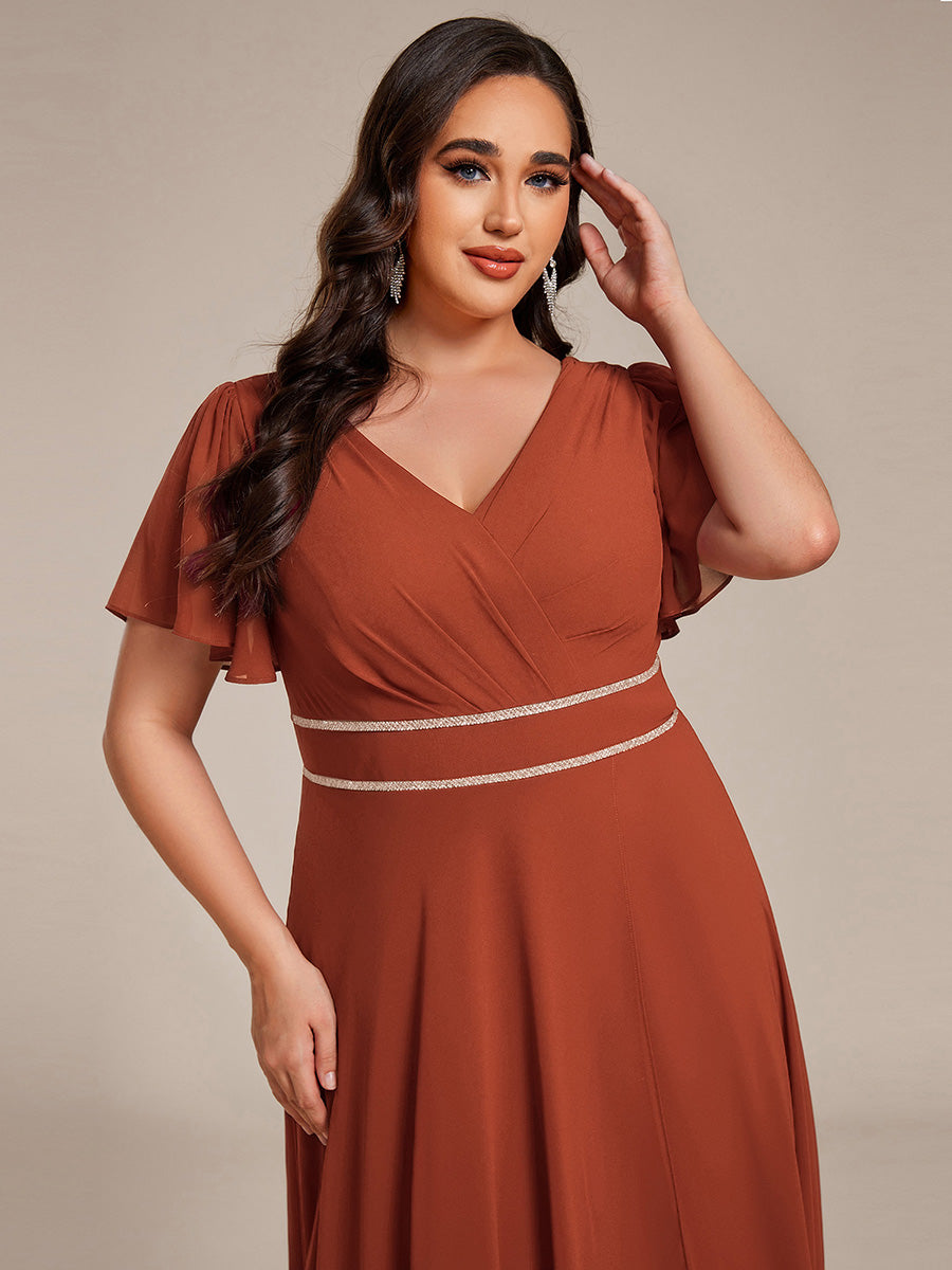Robe D'invité De Mariage En Mousseline De Soie Mi-Longue Plissée à Manches à Volants Et Col En V #Couleur_Burnt Orange