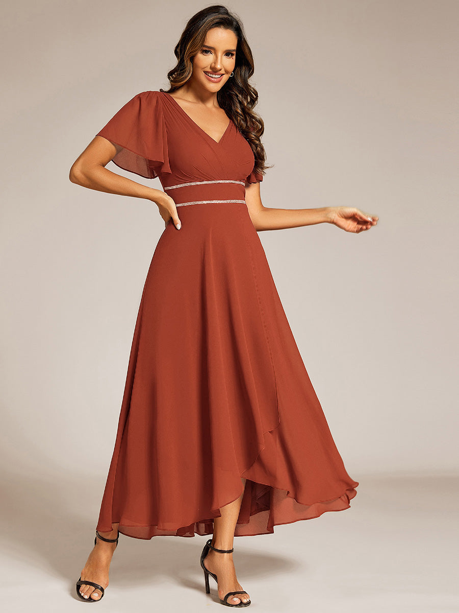 Robe D'invité De Mariage En Mousseline De Soie Mi-Longue Plissée à Manches à Volants Et Col En V #Couleur_Burnt Orange
