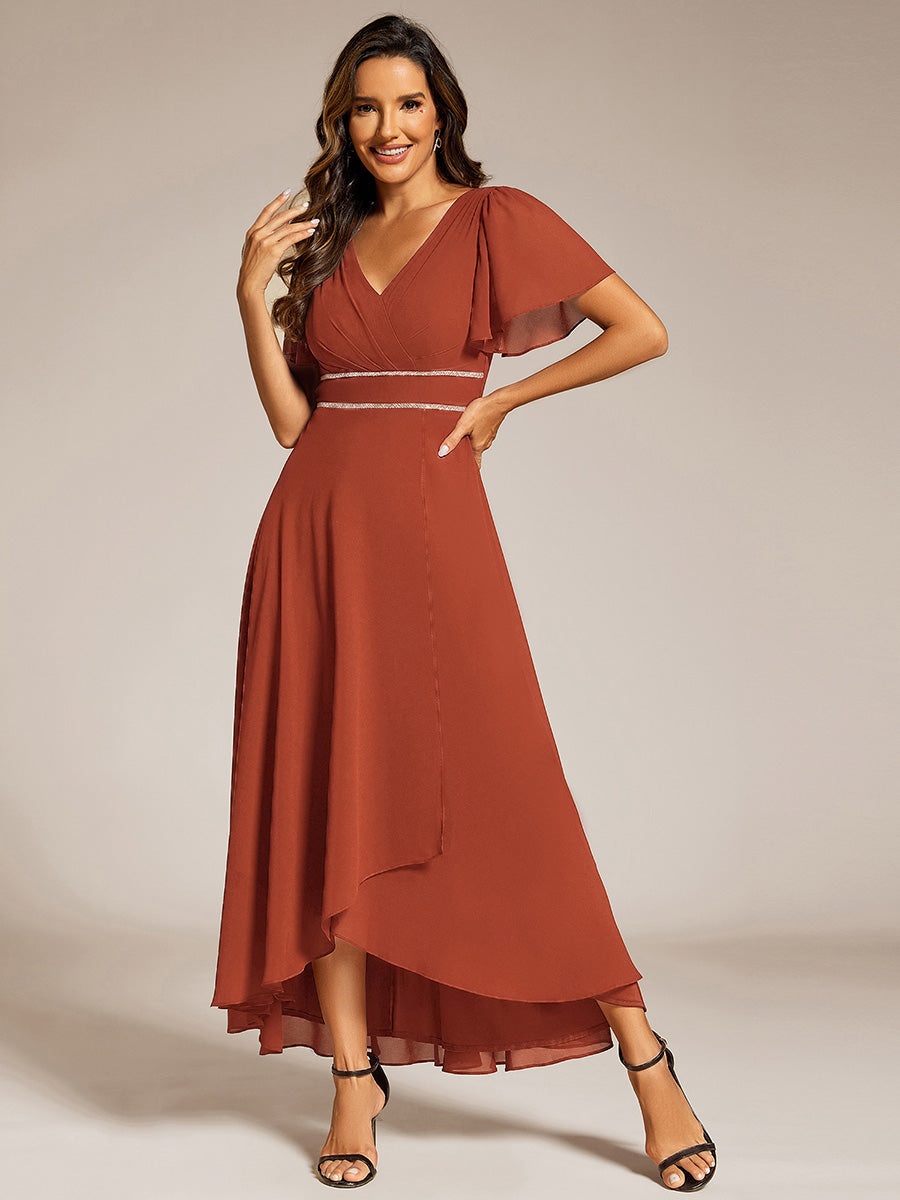Robe D'invité De Mariage En Mousseline De Soie Mi-Longue Plissée à Manches à Volants Et Col En V #Couleur_Burnt Orange
