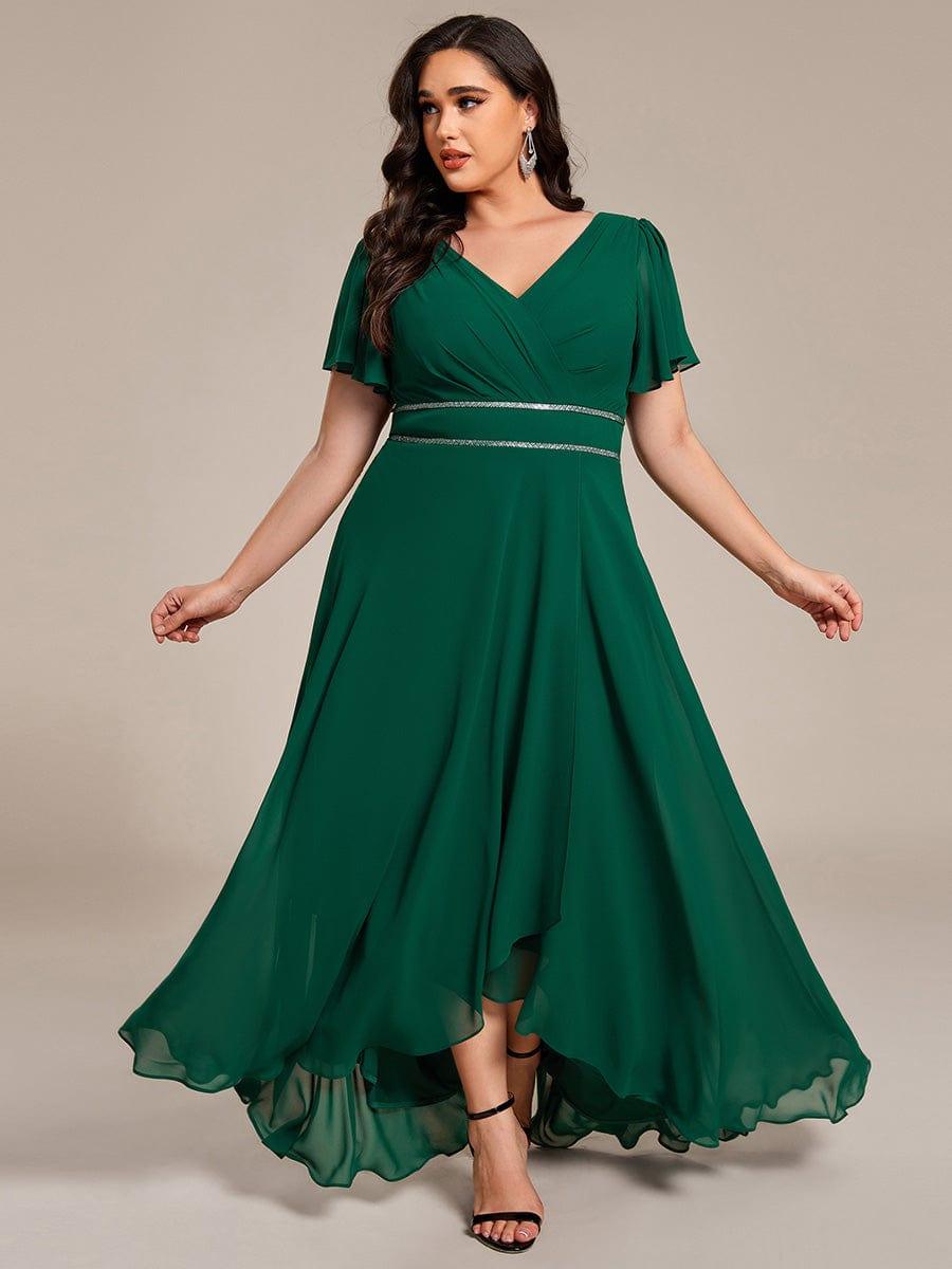 Robe de soirée longue en mousseline de soie à col en V et strass grande taille #Couleur_Vert Fonce