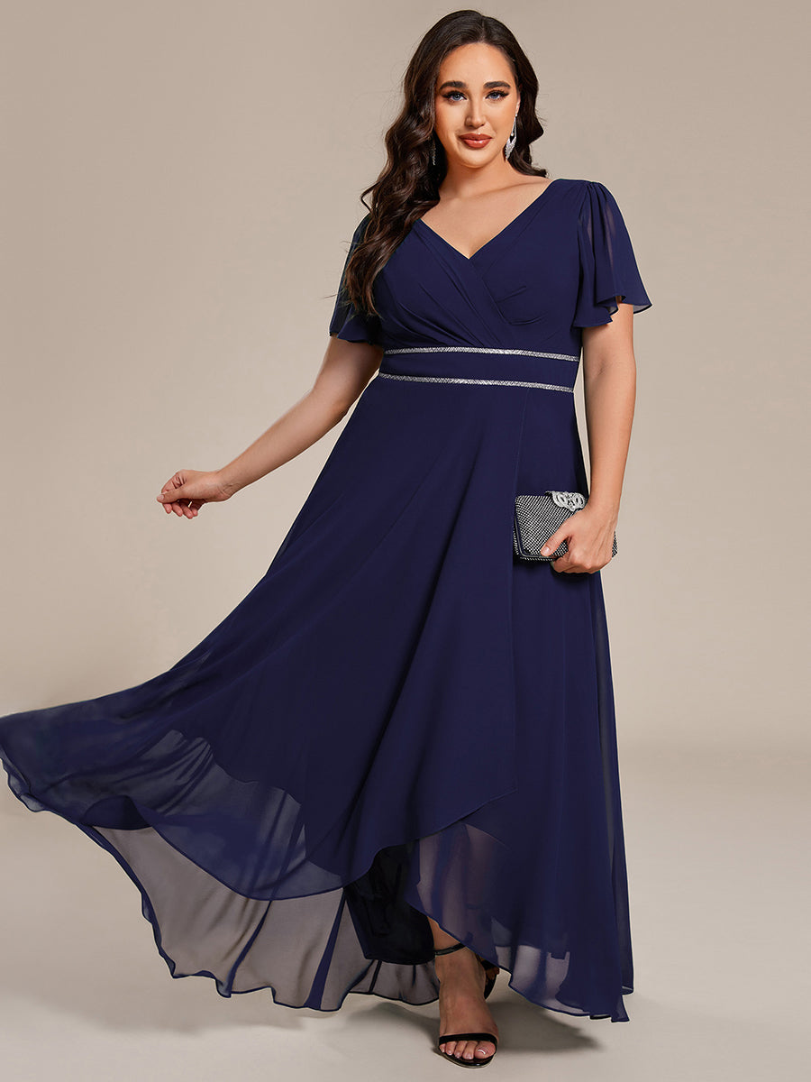 Robe de soirée longue en mousseline de soie à col en V et strass grande taille #Couleur_Bleu Marine
