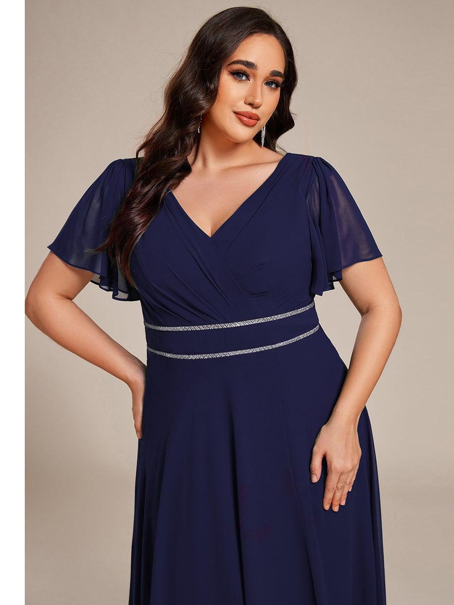 Robe de soirée longue en mousseline de soie à col en V et strass grande taille #Couleur_Bleu Marine