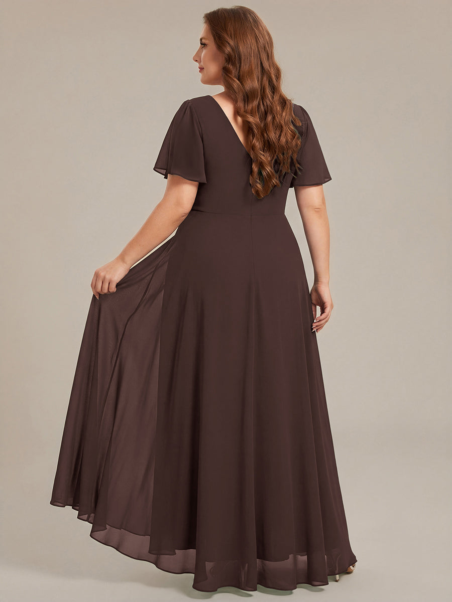 Robe de soirée formelle en mousseline de soie à double col en V et taille ajustée #Couleur_Marron Espresso