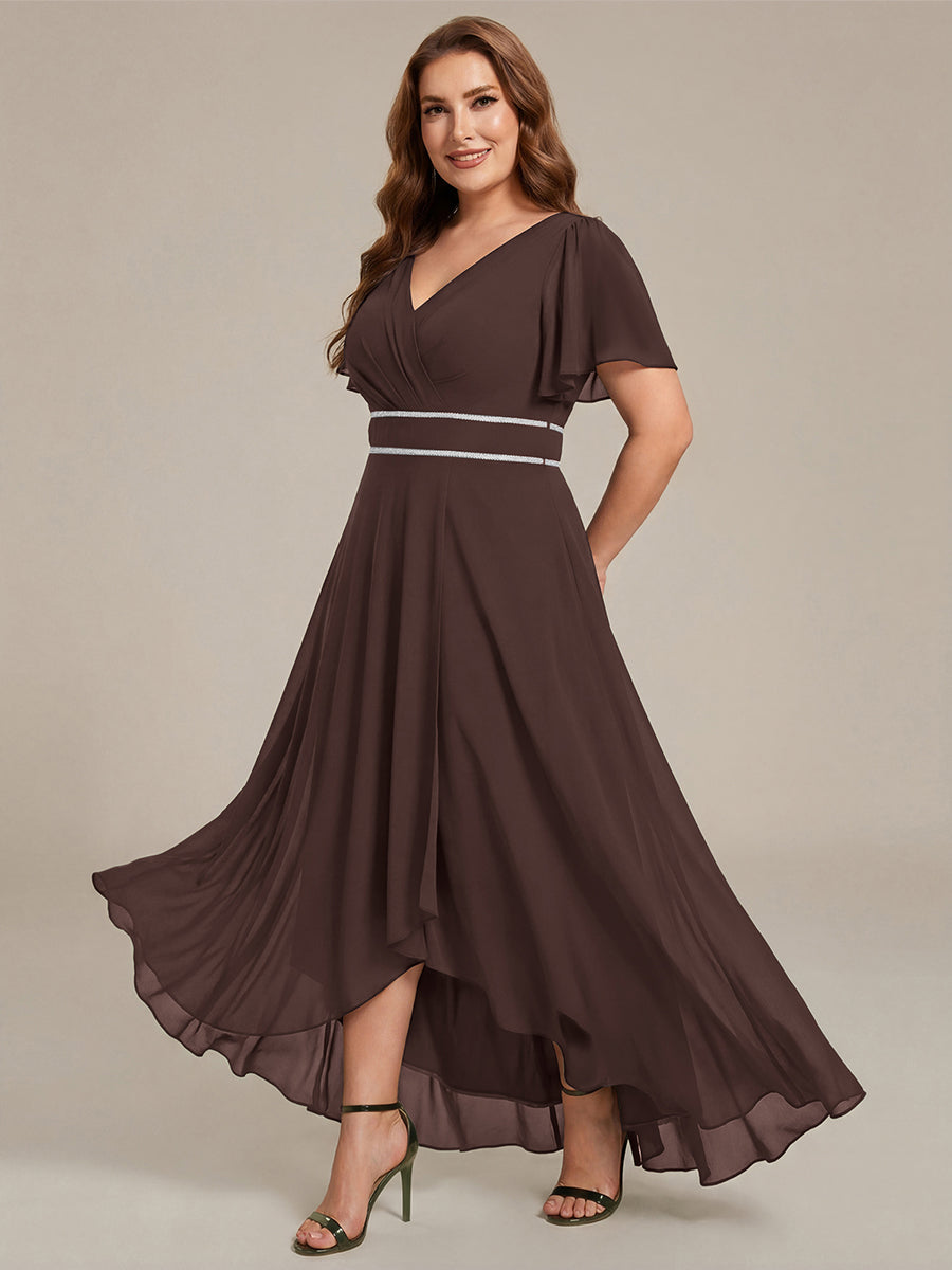 Robe de soirée formelle en mousseline de soie à double col en V et taille ajustée #Couleur_Marron Espresso