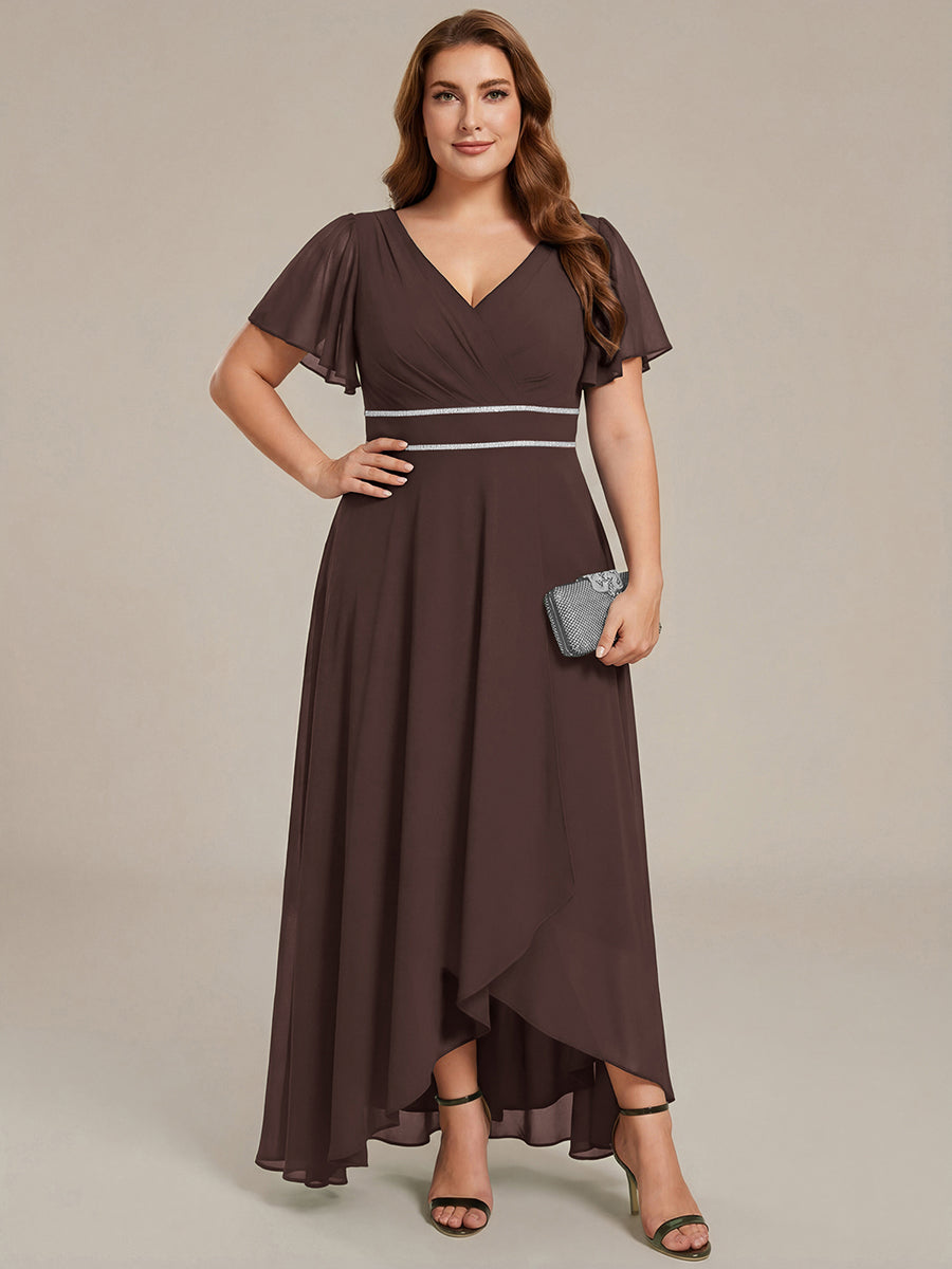 Robe de soirée formelle en mousseline de soie à double col en V et taille ajustée #Couleur_Marron Espresso