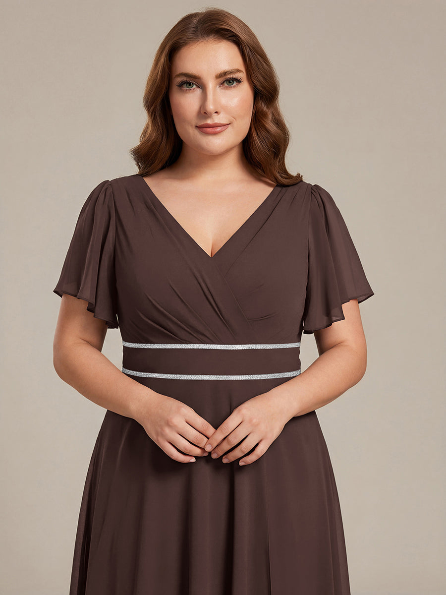 Robe de soirée formelle en mousseline de soie à double col en V et taille ajustée #Couleur_Marron Espresso