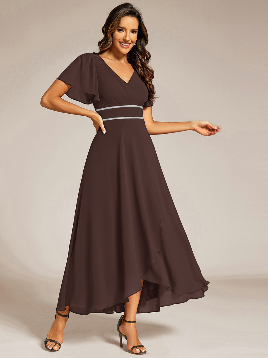Robe de soirée formelle en mousseline de soie à double col en V et taille ajustée #Couleur_Marron Espresso