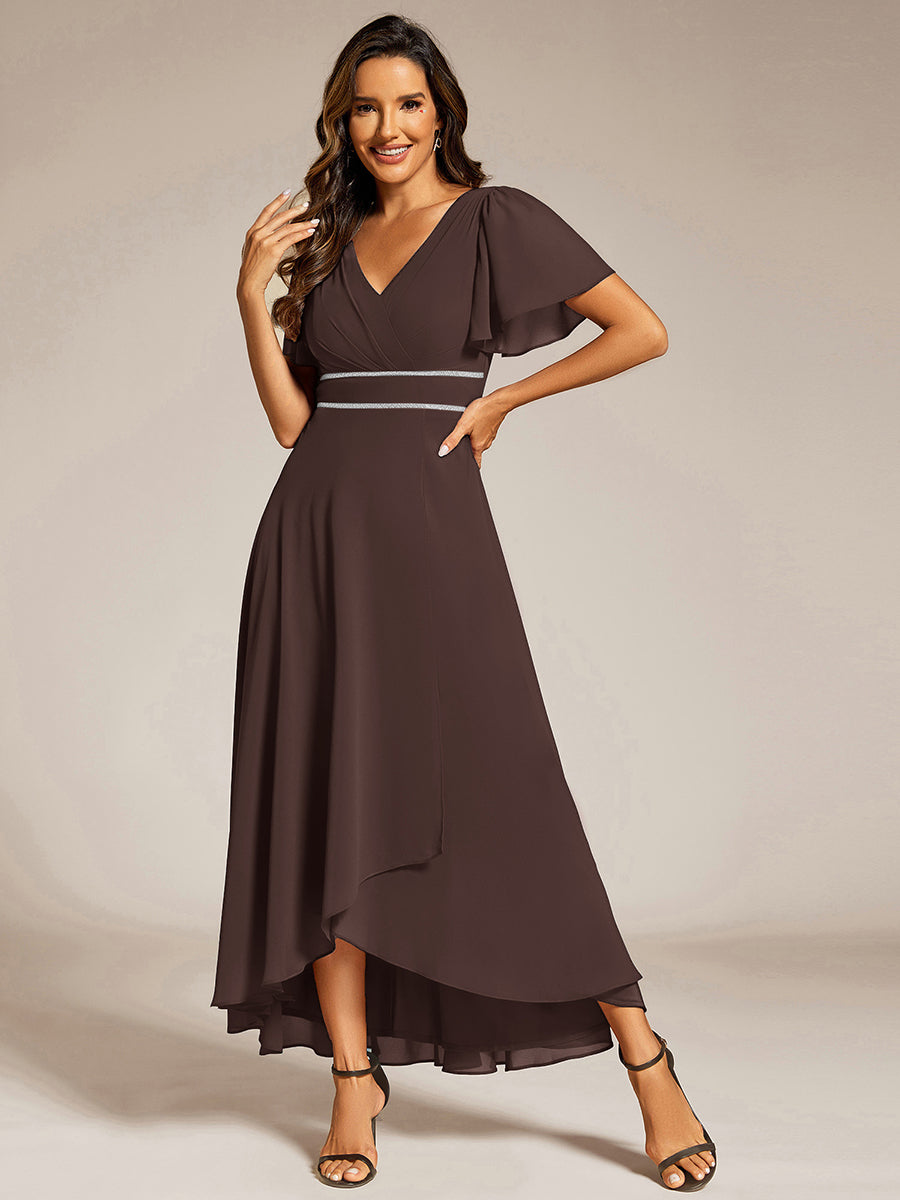 Robe de soirée formelle en mousseline de soie à double col en V et taille ajustée #Couleur_Marron Espresso