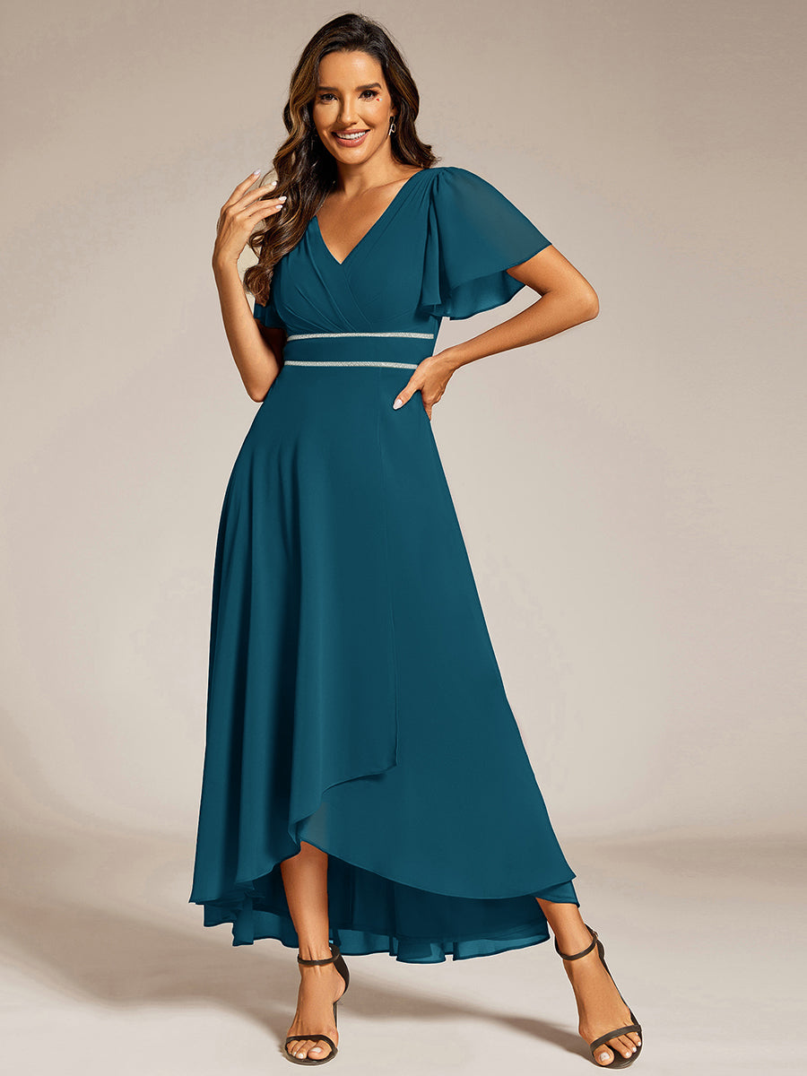 Robe de soirée formelle en mousseline de soie à double col en V et taille ajustée #Couleur_Bleu Canard