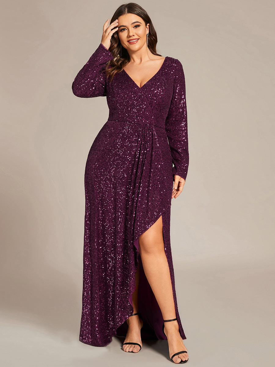 Robe de soir¨¦e manches longues col en V ¨¤ sequins ourlet asym¨¦trique #Couleur_Violet Fonce