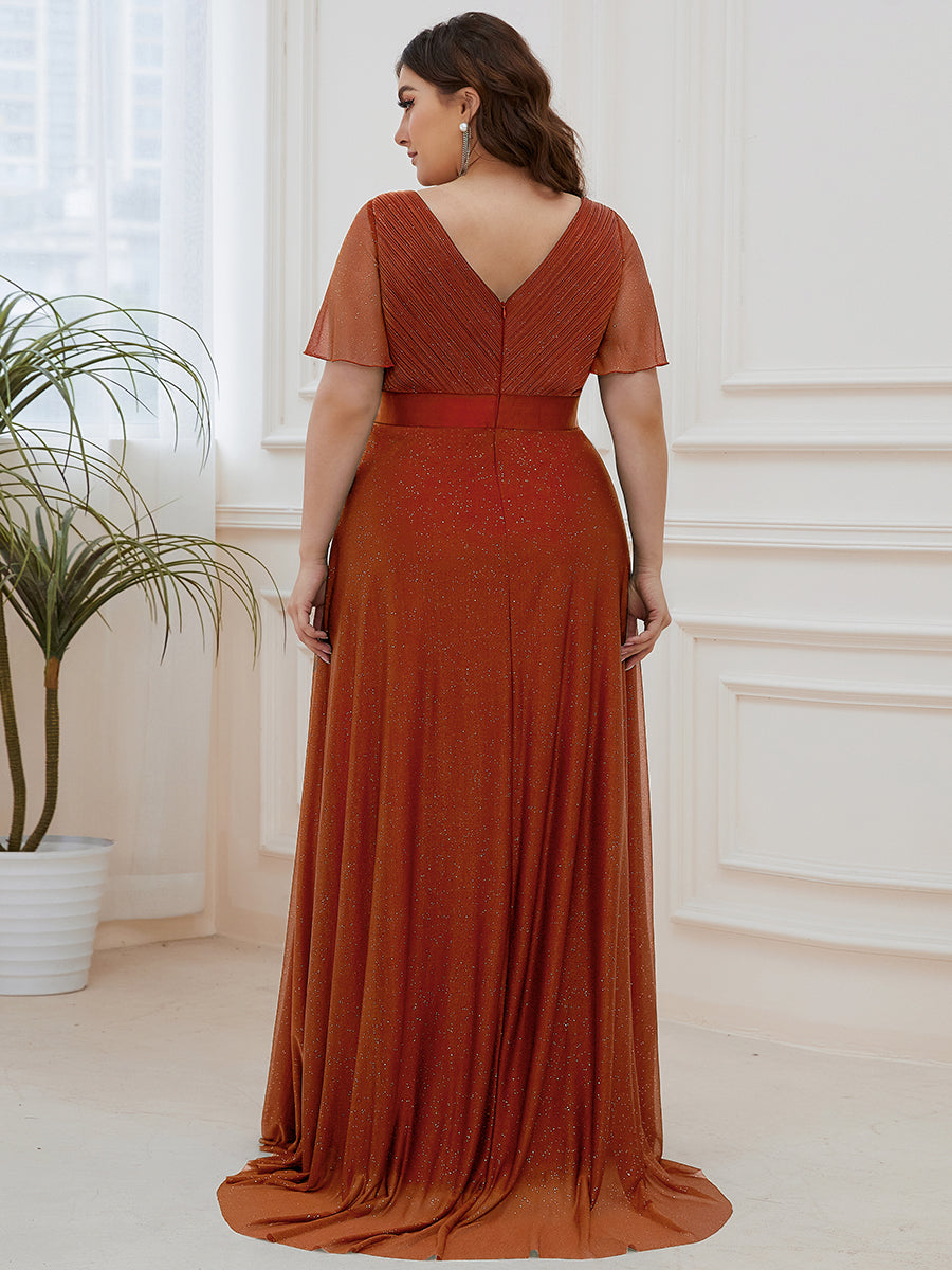 Robe de soirée grande taille manches courtes et col en V #Couleur_Burnt Orange