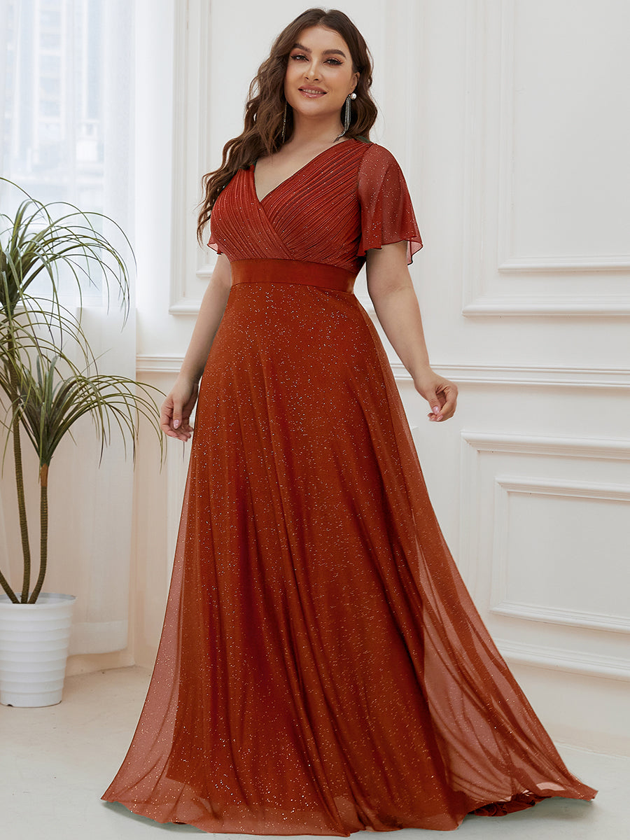 Robe de soirée grande taille manches courtes et col en V #Couleur_Burnt Orange