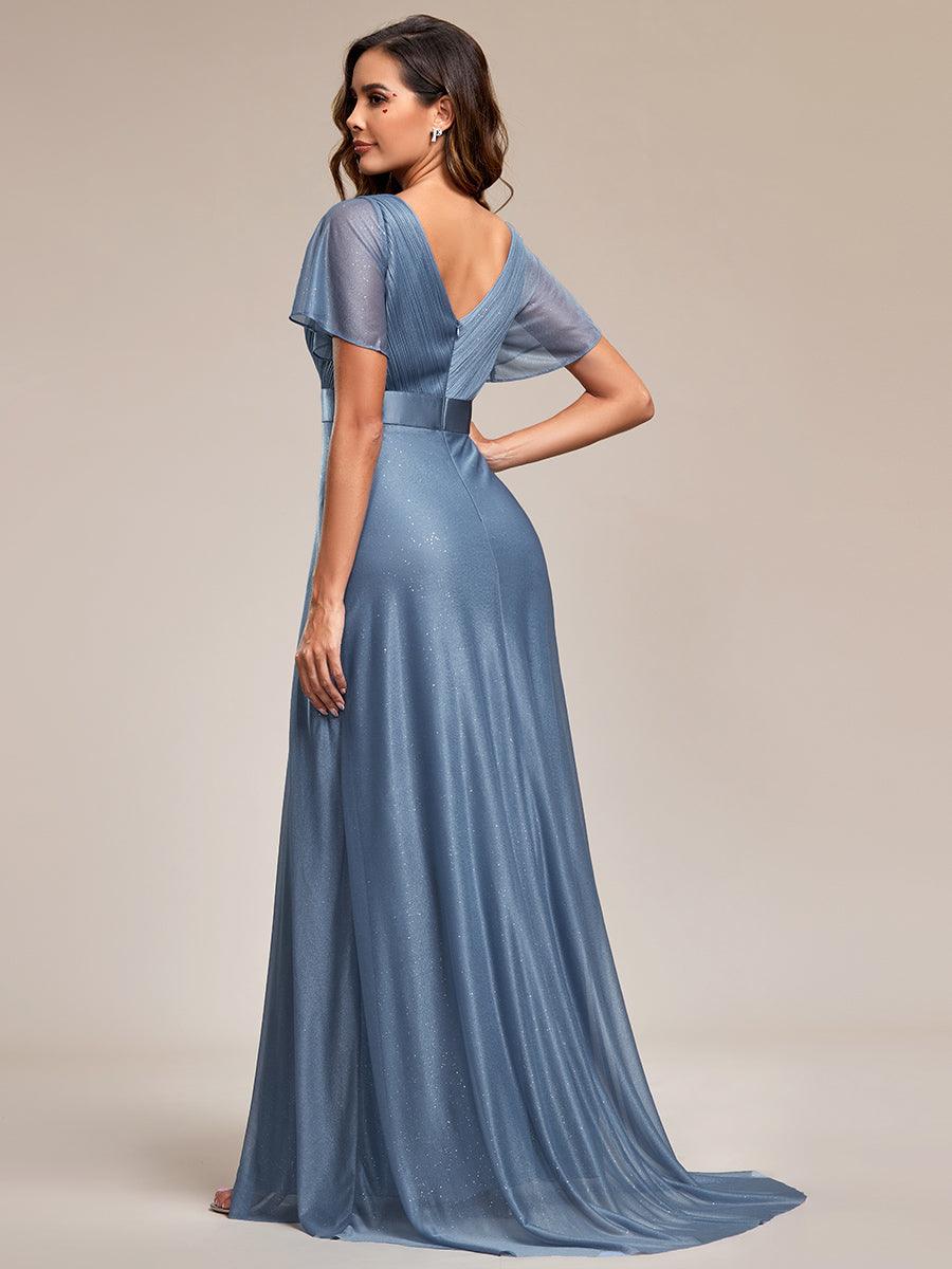 Robe de soirée longue scintillante à col en V et à manches flottantes #Couleur_Marine Fume