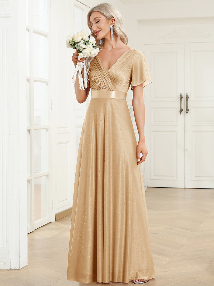 Robe D'invité De Mariage En Mousseline De Soie Mi-Longue Plissée à Manches à Volants Et Col En V #Couleur_Dorée