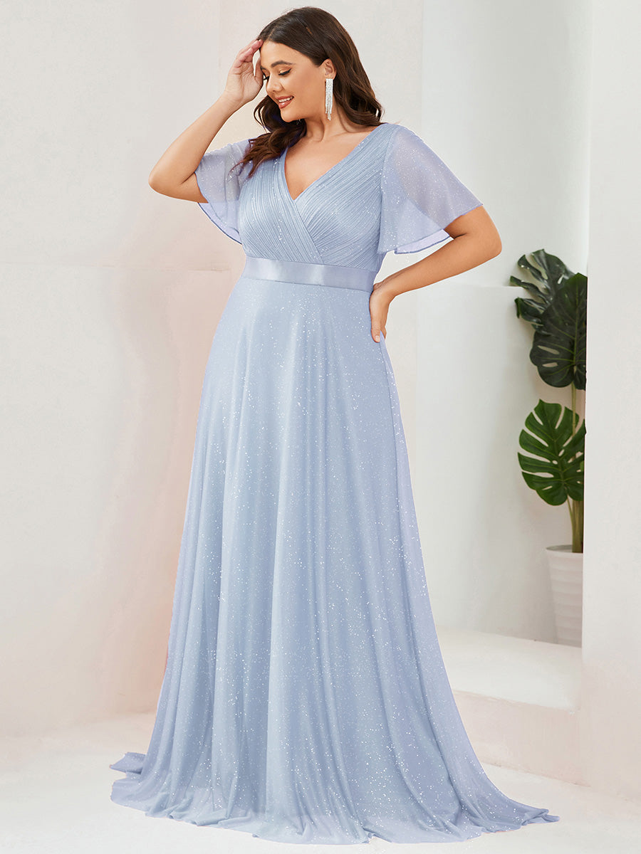 Robe D'invité De Mariage En Mousseline De Soie Mi-Longue Plissée à Manches à Volants Et Col En V #Couleur_Bleu Glace