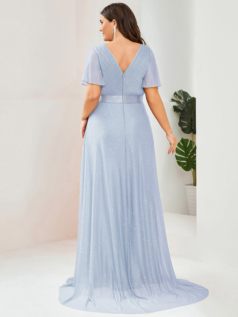 Robe D'invité De Mariage En Mousseline De Soie Mi-Longue Plissée à Manches à Volants Et Col En V #Couleur_Bleu Glace