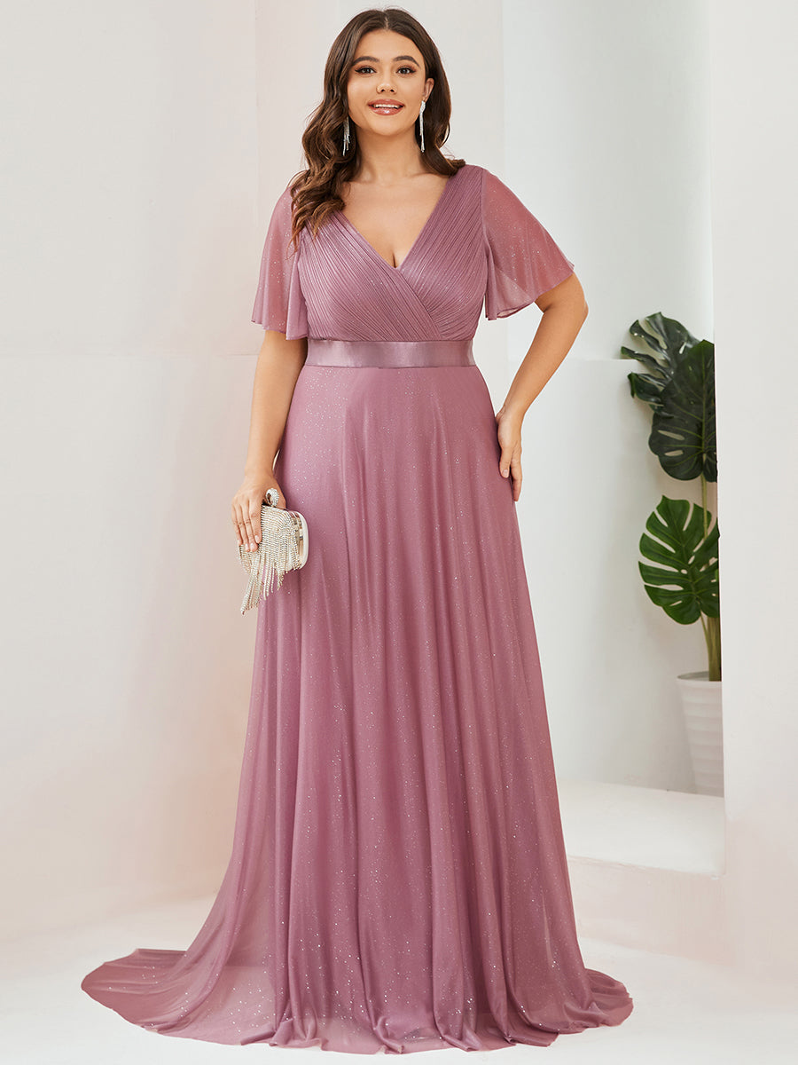 Robe de soirée longue scintillante à col en V et à manches flottantes #Couleur_Orchidee