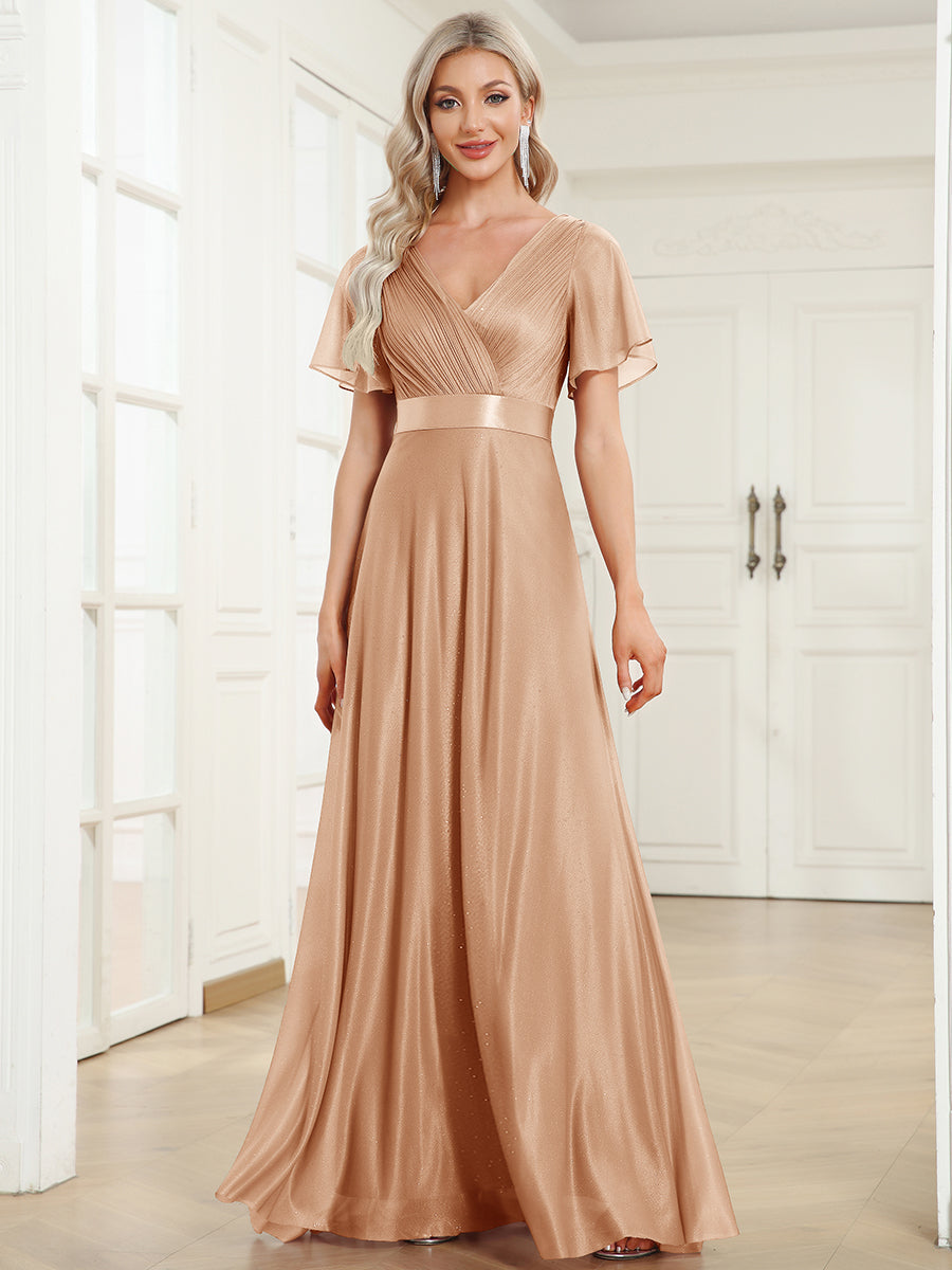 Robe de soirée longue scintillante à col en V et à manches flottantes #Couleur_Or Rose
