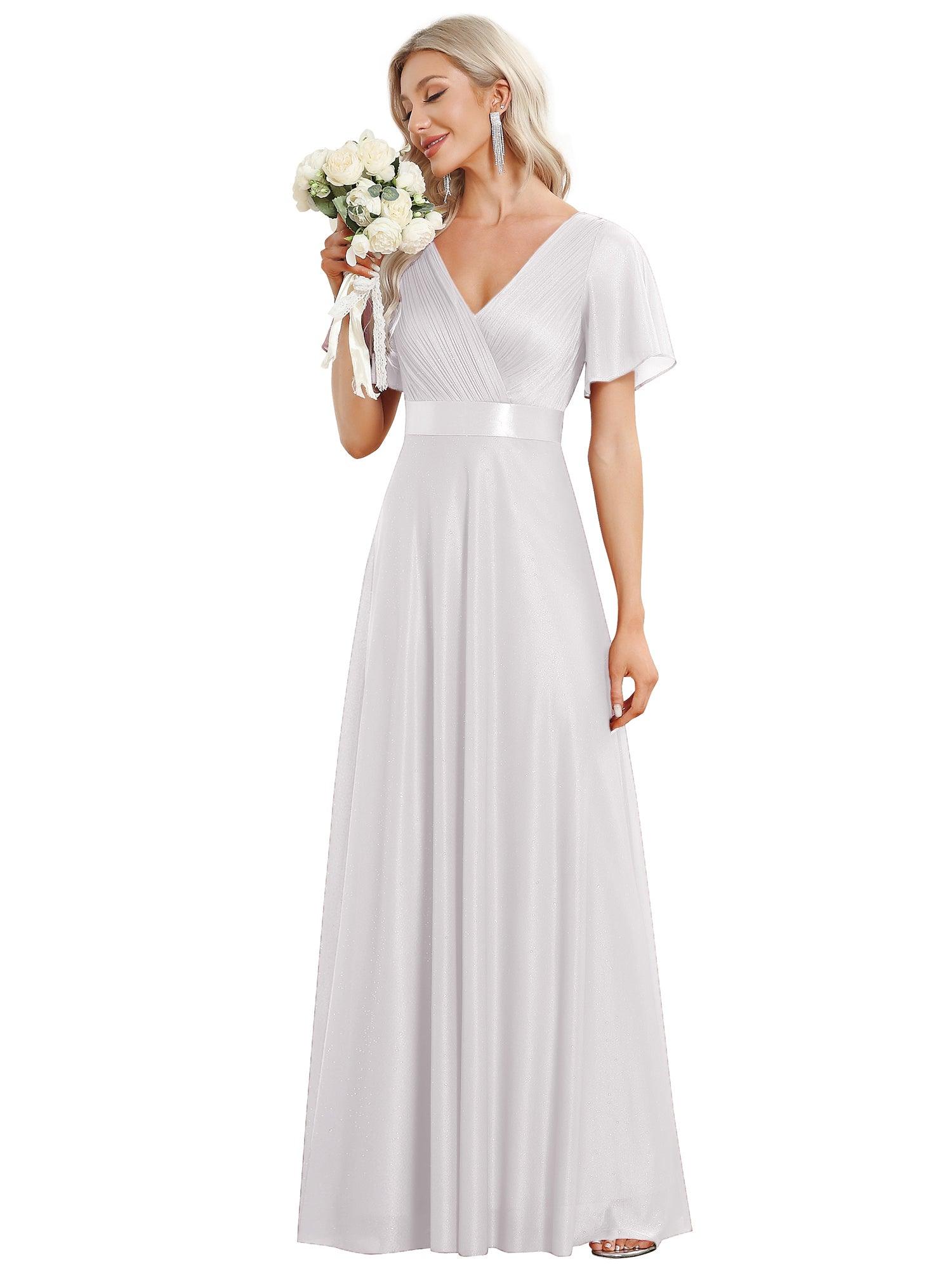 Robe de soirée longue scintillante à col en V et à manches flottantes #Couleur_Blanc