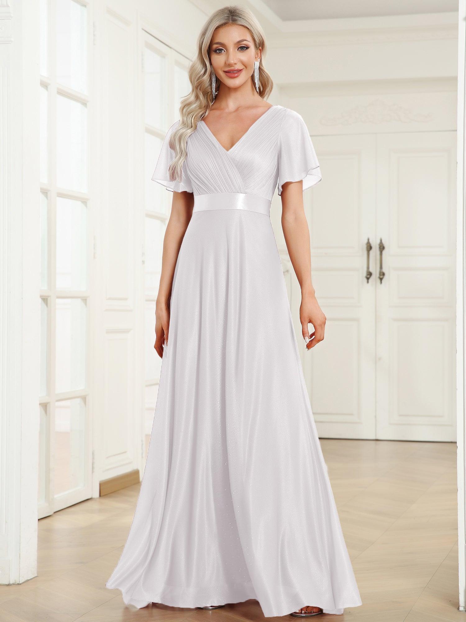 Robe de soirée longue scintillante à col en V et à manches flottantes #Couleur_Blanc