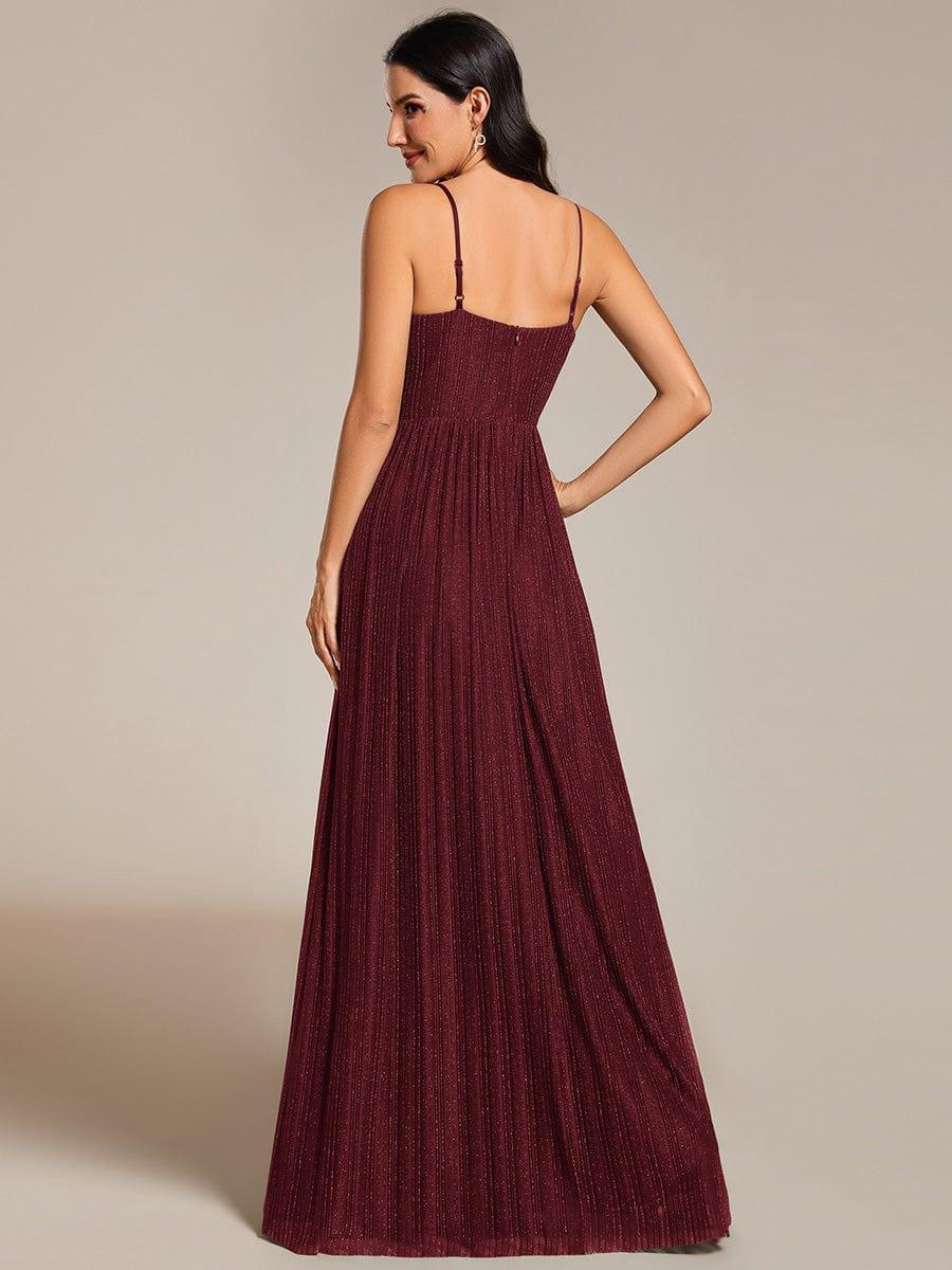 Robe de soirée plissée scintillante à bretelles spaghetti et taille empire #Couleur_Bordeaux