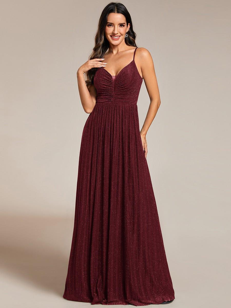 Robe de soirée plissée scintillante à bretelles spaghetti et taille empire #Couleur_Bordeaux