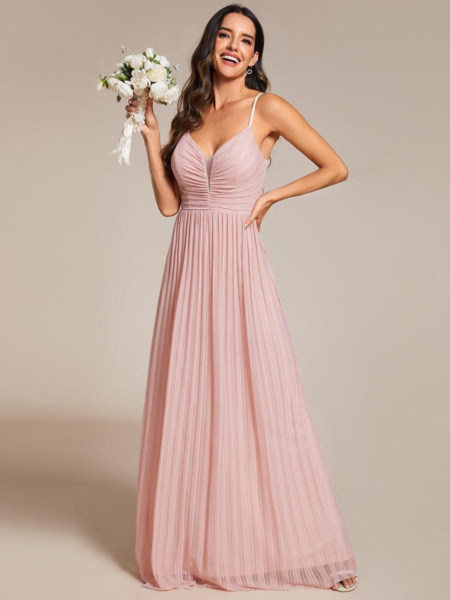 Robe de soirée plissée scintillante à bretelles spaghetti et taille empire #Couleur_Rose