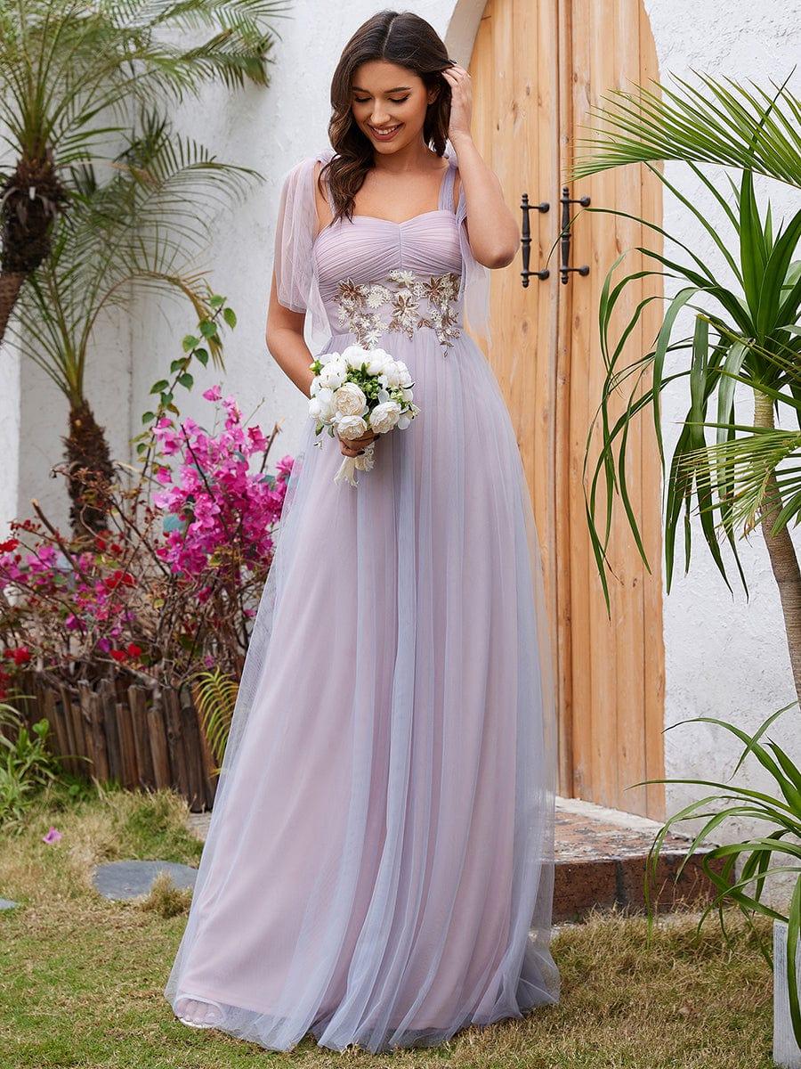 Robe de soirée trapèze frenulum nouée en cœur avec appliques à la taille #Couleur_Rose