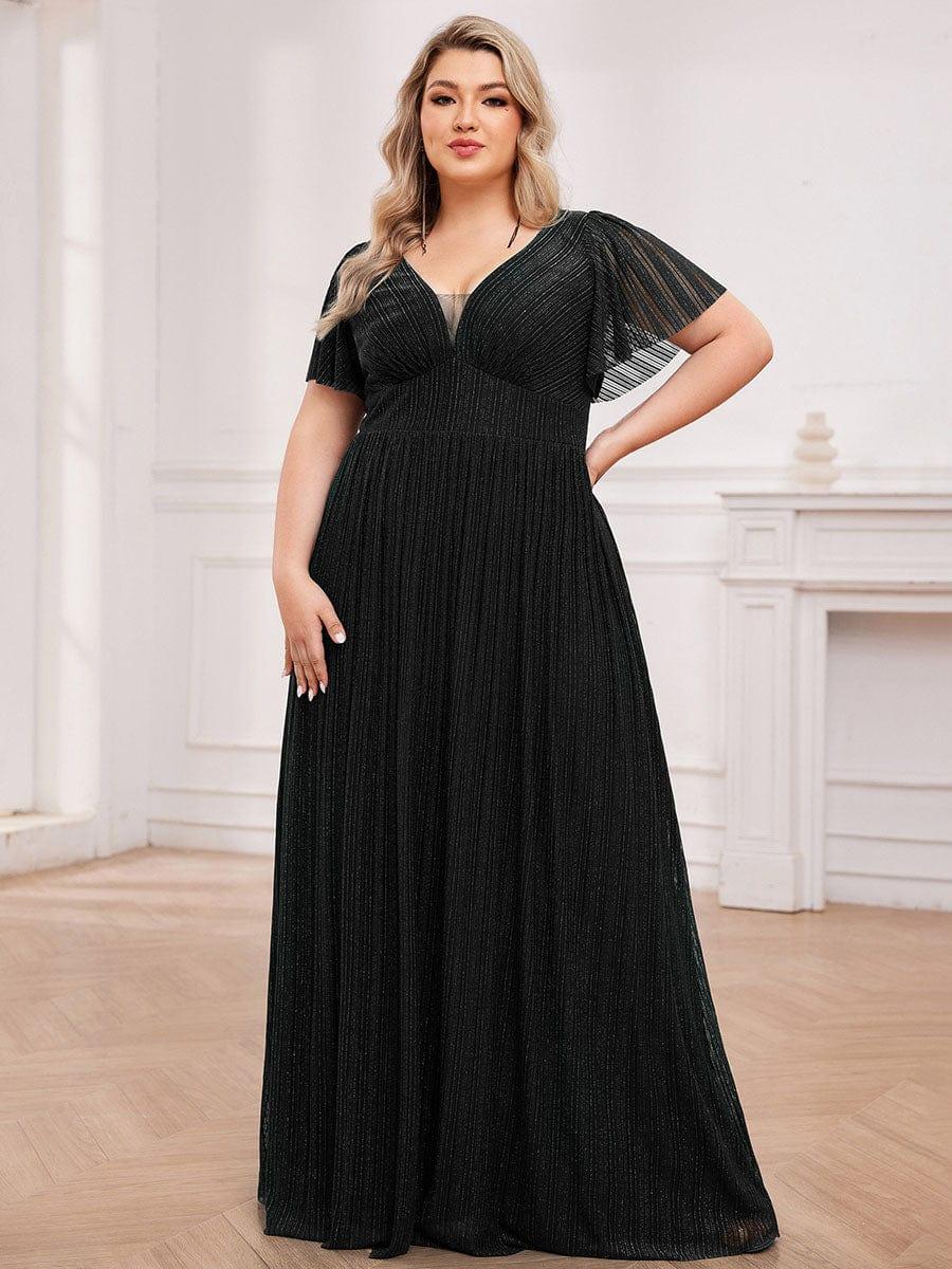 Robe de soirée transparente scintillante col en V taille empire manches courtes #Couleur_Noir
