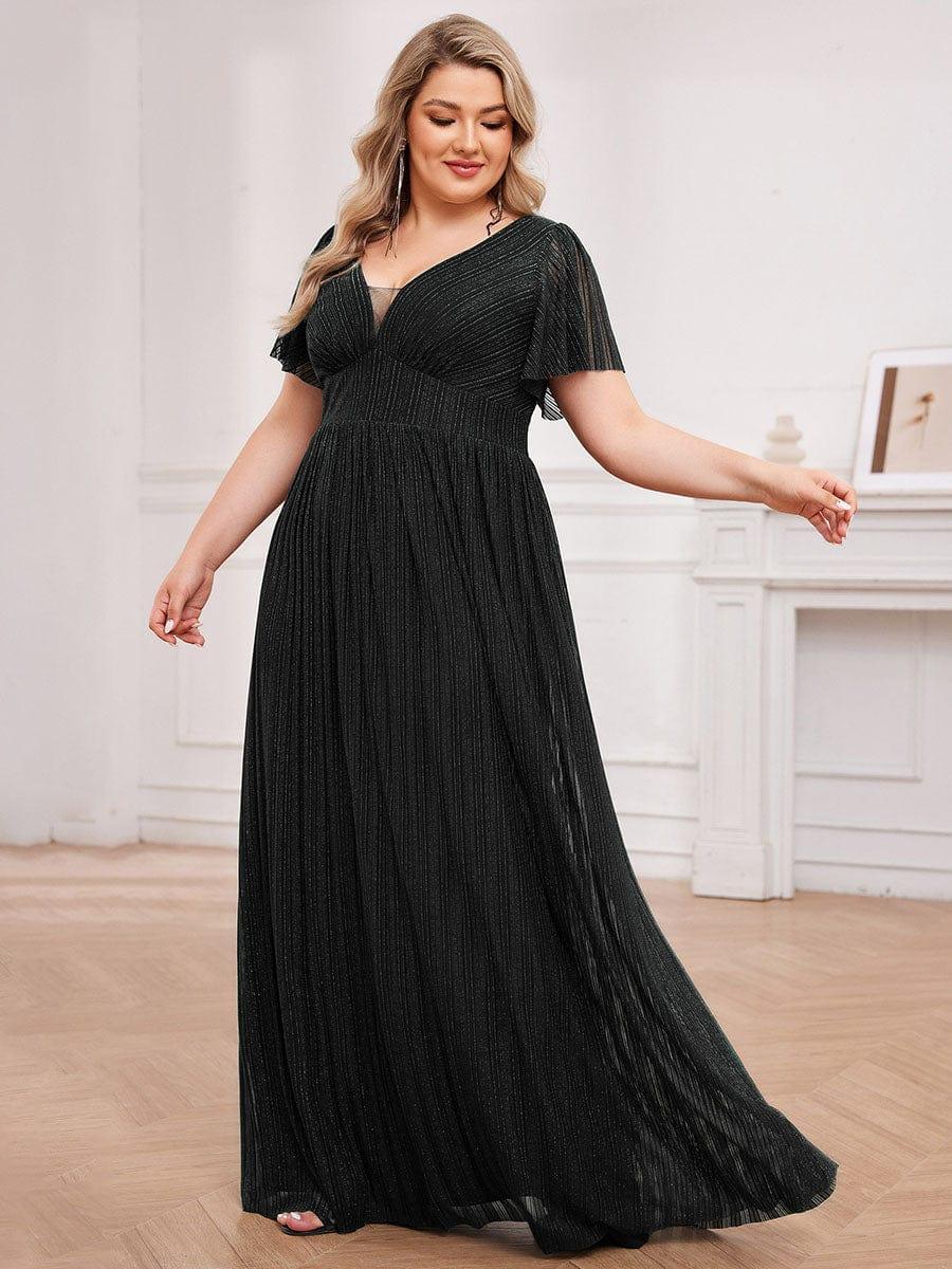 Robe de soirée transparente scintillante col en V taille empire manches courtes #Couleur_Noir