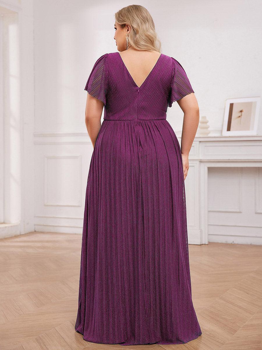 Robe de soirée transparente scintillante col en V taille empire manches courtes #Couleur_Glycine violette