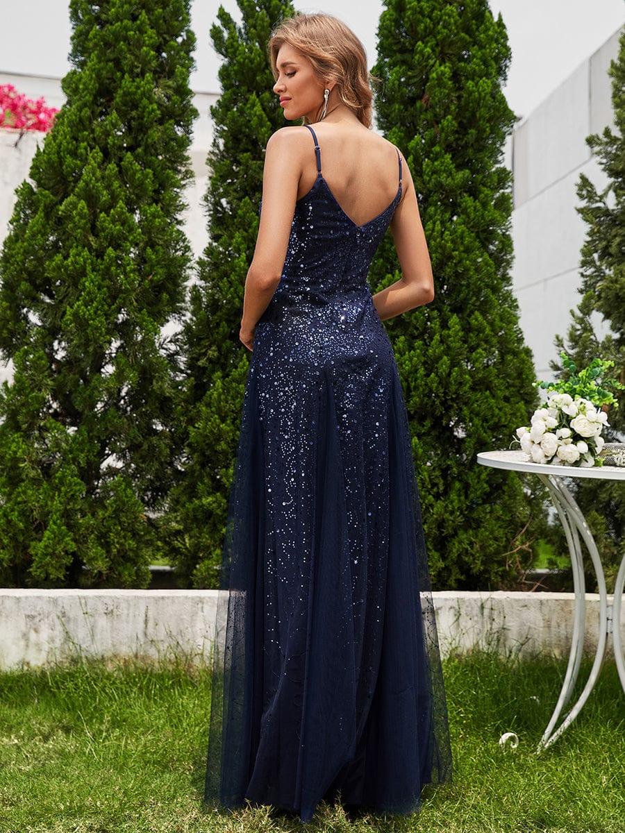 Robe de soirée sans manches en tulle à col en V et à paillettes avec taille empire #Couleur_Bleu Marine